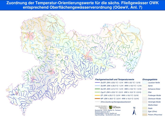 Darstellung der Karte Temperatur-Orientierungswerte sächsischer Fließgewässer entsprechend OGewV