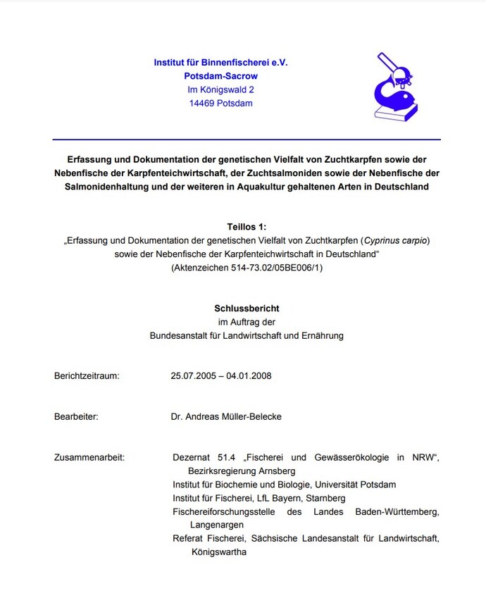 Das Bild zeigt den Titel des Schlussberichtes Erfassung und Dokumentation der genetischen Vielfalt von Zuchtkarpfen sowie der Nebenfische der Karpfenteichwirtschaft in Deutschland