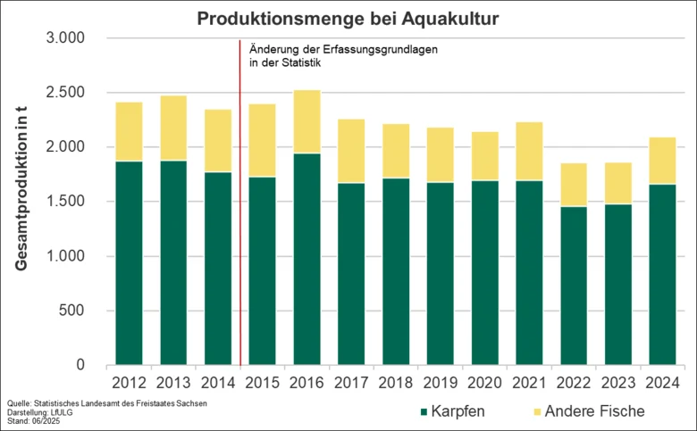 Das Diagramm zeigt die Produktionsmenge bei Aquakulturen in Sachsen. Die Karpfen machen einen Anteil von über 70 % der Gesamtmenge aus. In den letzten 3 Jahren lag die Produktionsmenge im Mittel bei 1800 t.