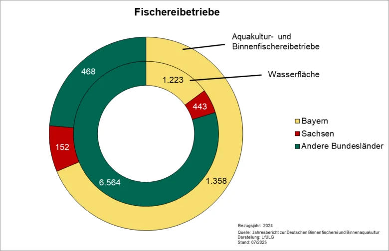 Ringdiagramm mit den Anteilen der Betriebe und der Wasserfläche am Gesamtwert für Deutschland. Die Anteile von Sachsen und Bayern werden besonders hervorgehoben.